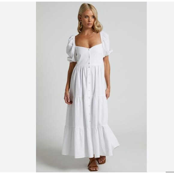 Showpo Palmer Midi Dress US 6 White Puff Sleeve Button Ruffle Tiered Trad Wife - Picture 1 of 14
